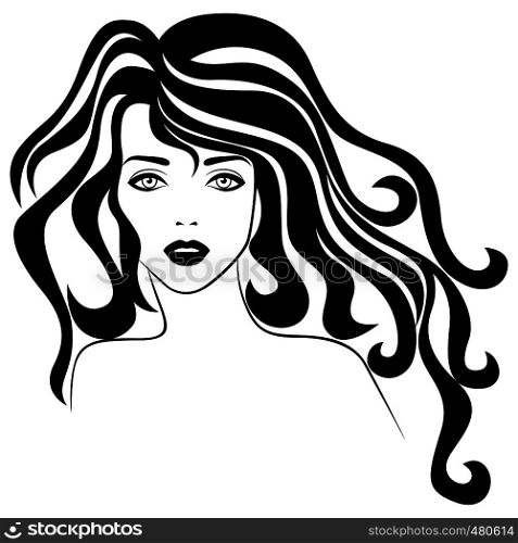 ?harming woman with luxurious wavy hair in flow, hand drawing vector for cosmetic products design