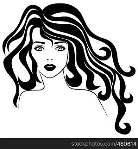 ?harming woman with luxurious wavy hair in flow, hand drawing vector for cosmetic products design
