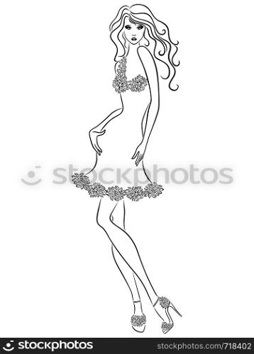 ?harming woman with slim figure in elegant floral dress isolated on the white background, hand drawing vector outline