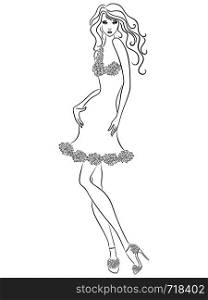 ?harming woman with slim figure in elegant floral dress isolated on the white background, hand drawing vector outline