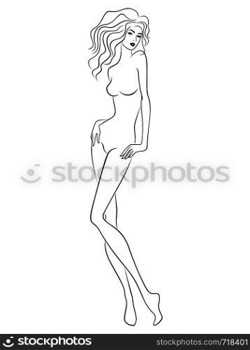 ?harming woman with slim figure isolated on the white background, hand drawing vector outline