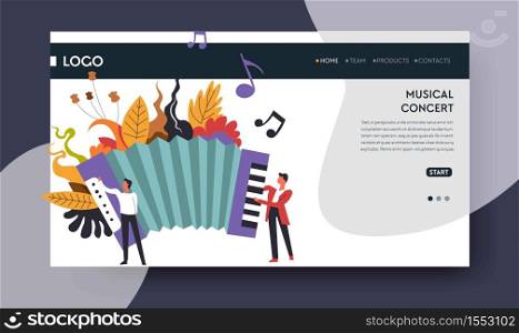 Harmonic or accordion music concert web page template vector musical instrument folk genre melody and song online tickets order show or performance musicians or players art Internet site mockup. Musical concert web page template harmonic or accordion