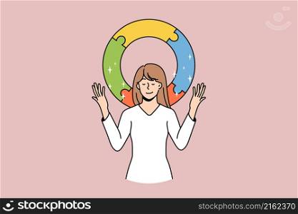 Harmony balance and personal integrity concept. Smiling woman with eyes closed standing feeling balance with colorful circle at background vector illustration . Harmony balance and personal integrity concept.