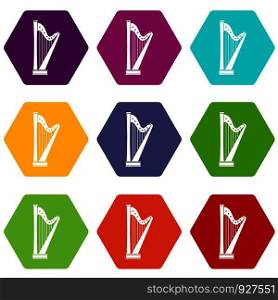 Harp icon set many color hexahedron isolated on white vector illustration. Harp icon set color hexahedron