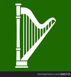 Harp icon white isolated on green background. Vector illustration. Harp icon green