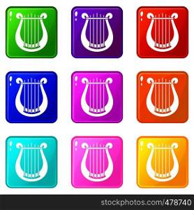 Harp icons of 9 color set isolated vector illustration. Harp set 9