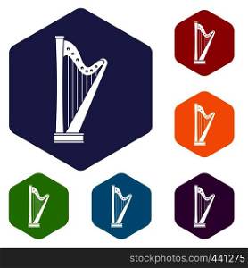 Harp icons set hexagon isolated vector illustration. Harp icons set hexagon
