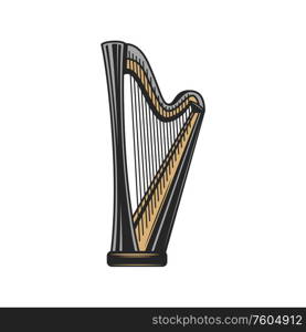 Harp isolated musical instrument. Vector orchestral concert stringed decachord sketch, orchestra play. Concert harp isolated music instrument sketch