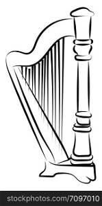 Harp sketch, illustration, vector on white background.