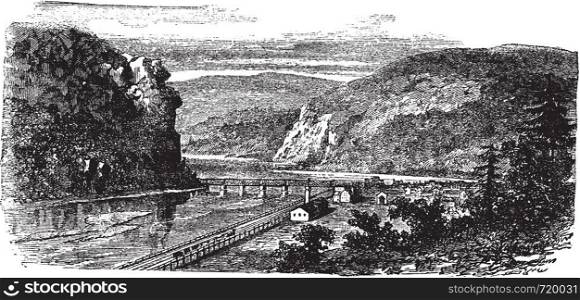 Harper's ferry, West Virginia, United States vintage engraving. Old engraved illustration of beautiful view of harper's ferry during 1890s.