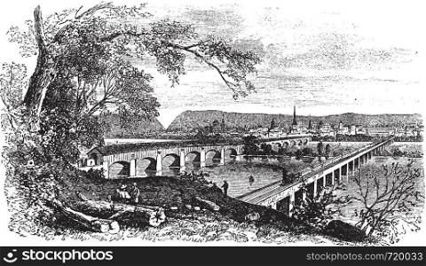 Harrisburg,Pennsylvania, United States View from the left bank of the Susquehanna vintage engraving. Old engraved illustration of bridges across the river at harrisburg, during 1890s.