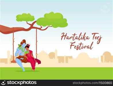 Hartalika teej festival poster flat vector template. Pray for blessing. Shiva and Parvati. Brochure, booklet one page concept design with cartoon characters. Teej festival flyer, leaflet. Hartalika teej festival poster flat vector template