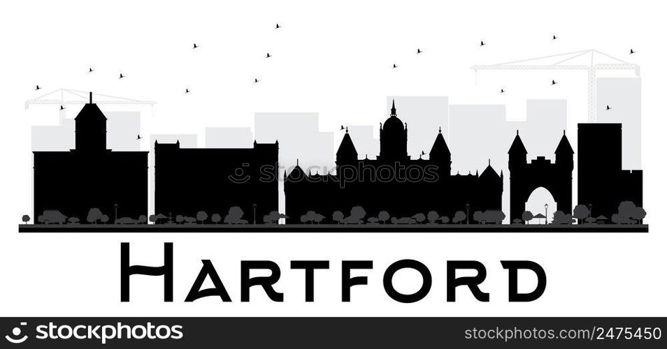 Hartford City skyline black and white silhouette. Vector illustration. Simple flat concept for tourism presentation, banner, placard or web site. Business travel concept. Cityscape with landmarks