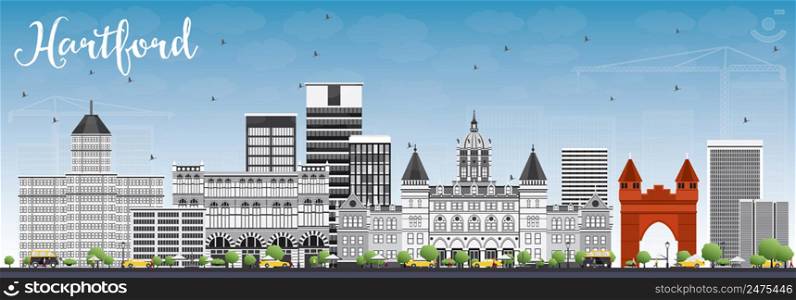 Hartford Skyline with Gray Buildings and Blue Sky. Vector Illustration. Business Travel and Tourism Concept with Historic Architecture. Image for Presentation Banner Placard and Web Site.