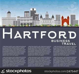 Hartford Skyline with Gray Buildings, Blue Sky and Copy Space. Vector Illustration. Business Travel and Tourism Concept with Historic Architecture. Image for Presentation Banner Placard and Web Site.