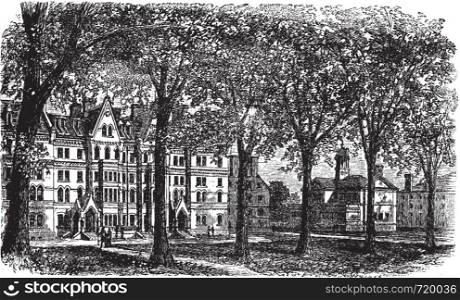 Harvard University, Cambridge, Massachussets vintage engraving. Old engraved illustration of Harvard University campus, during 1890s.