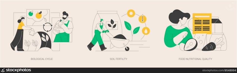 Harvest and soil productivity abstract concept vector illustration set. Biological cycle, soil fertility, food nutritional quality, agricultural cycle, available nutrients value abstract metaphor.. Harvest and soil productivity abstract concept vector illustrations.