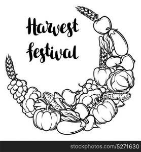 Harvest decorative element. Autumn illustration with ribbon, seasonal fruits and vegetables. Harvest decorative element. Autumn illustration with ribbon, seasonal fruits and vegetables.