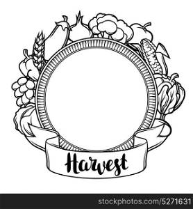 Harvest decorative element. Autumn illustration with ribbon, seasonal fruits and vegetables. Harvest decorative element. Autumn illustration with ribbon, seasonal fruits and vegetables.