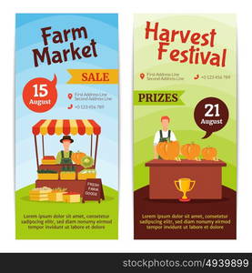 Harvest Farm Vertical Banners. Flat design vertical banners presenting august farm market sale and harvest festival with prizes isolated vector illustration