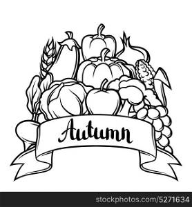 Harvest festival background. Autumn illustration with seasonal fruits and vegetables. Harvest festival background. Autumn illustration with seasonal fruits and vegetables.