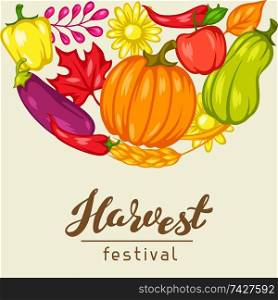 Harvest festival background with fruits and vegetables. Autumn seasonal illustration.. Harvest festival background with fruits and vegetables.