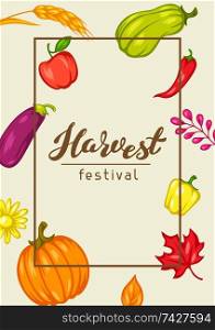 Harvest festival background with fruits and vegetables. Autumn seasonal illustration.. Harvest festival background with fruits and vegetables.