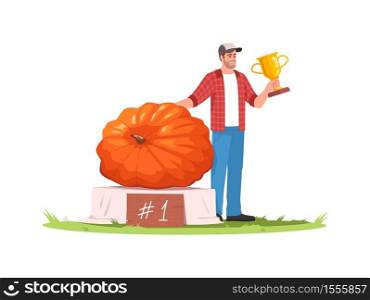 Harvest festival competition semi flat RGB color vector illustration. First place pumpkin, male winner with prize. County fair contest winner isolated cartoon character on white background. Harvest festival competition semi flat RGB color vector illustration