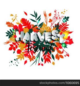 Harvest festival in paper style. Fall style for autumn.Harvest Day greeting card design with colors leaves with grunge blots.. Harvest festival in paper style. Fall style for autumn