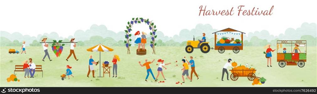Harvest festival, man and woman outdoors celebration of holidays. Street with arcs and vineyard, females dancing on grapes market and agriculture. Funny spending time on harvest festival. Flat cartoon. Harvest Festival People Celebrating Outdoor Vector