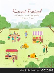 Harvest festival postcard decorated by marketplace with vegetables and fruit. Tent with flowers, man and woman shoppers, 23 August, 6 September. Funny spending time on harvest festival. Flat cartoon. Fair Holiday, Harvest Festival, Invitation Vector
