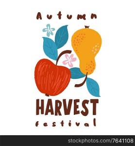 Harvest festival. Vector logo on a white background. Red ripe Apple and yellow pear.. Harvest festival. Vector logo. Ripe pear and Apple.
