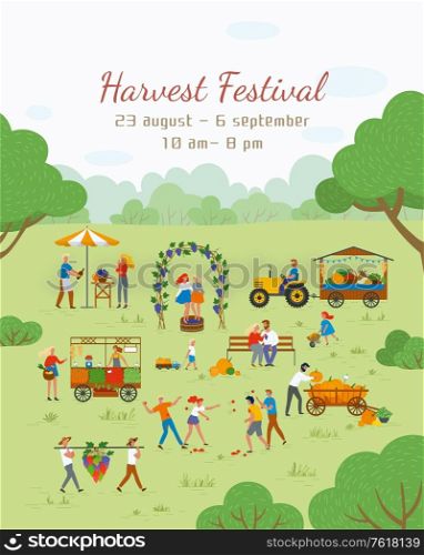 Harvest festival vector, people celebrating and having fun. Friends throw tomatoes. Grapes, market with vegetables and fruits, tractor and farmers farming. Festival near or of the Harvest Moon. Harvest Festival Poster with Dates and People