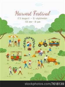 Harvest festival vector, people celebrating and having fun. Friends throw tomatoes. Grapes, market with vegetables and fruits, tractor and farmers farming. Festival near or of the Harvest Moon. Harvest Festival Poster with Dates and People