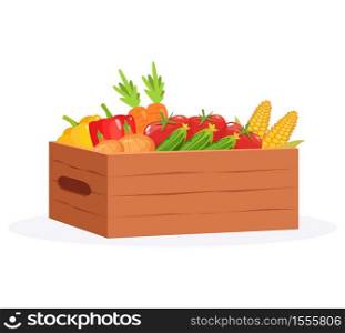 Harvest in casket semi flat RGB color vector illustration. Vegetables from farmers market. Fresh corn and tomatoes. Harvest festival. Summer crop isolated cartoon object on white background. Harvest in casket semi flat RGB color vector illustration