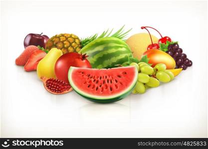 Harvest, juicy fruit and berries vector illustration isolated on white