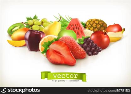 Harvest juicy fruit and berries, vector illustration isolated on white