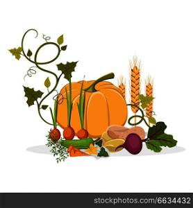 Harvest of sprouted onion, ripe pumpkin, green cucumber, sweet beet, healthy carrot, new and pink potato and bread spike vector illustration.. Rich Harvest of Delicious Vegetables and Plants