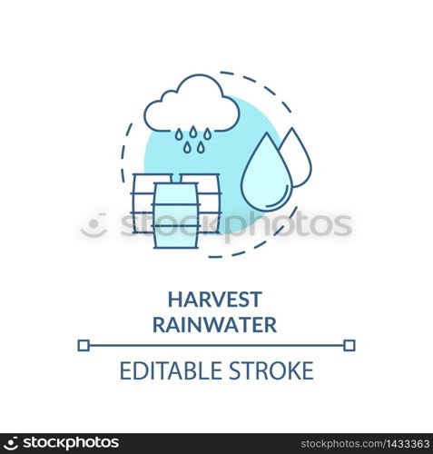 Harvest rainwater turquoise concept icon. Collect pouring water. Environmental preservation. Resource saving idea thin line illustration. Vector isolated outline RGB color drawing. Editable stroke. Harvest rainwater turquoise concept icon