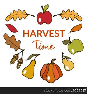 Harvest time lettering in september autumn background vector vegetables frame. Thanksgiving autumn background vector illustration