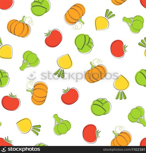 Harvest vegetable seamless pattern vector flat illustration. Natural colors food pattern design with pumpkin, tomato and broccoli, cabbage and turnip vegetable seamless texture for healthy diet decor. Harvest vegetable seamless pattern illustration.