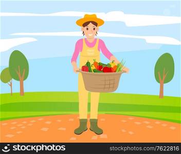 Harvester holding basket with vegetables, person with bell pepper, cucumber and carrot, onion and tomato. Smiling person with vegetarian food vector. Smiling Person with Vegetables, Vegetarian Vector