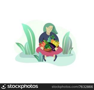 Harvesting and gardening people woman doing farming and garden job, lay ripe vegetables to box. Reaping crop concept. Harvesting and gardening people doing farming and garden job, pick berries, remove weeds, watering, planting, growing and transplant sprouts, lay ripe vegetables to box. Reaping crop