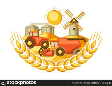 Harvesting background. Combine harvester, tractor and granary on wheat field. Agricultural illustration farm rural landscape.. Harvesting background. Combine harvester, tractor and granary on wheat field.