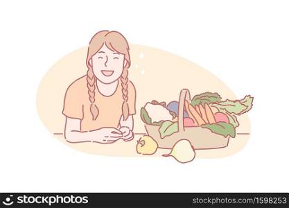 Harvesting, eco vegan food concept. Happy girl sits near basket of vegetarian food. Basket of vegetables was brought by child from harvesting. Kid likes healthy nutrition. Simple flat vector. Harvesting, eco vegan food concept