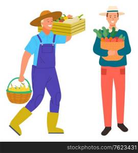 Harvesting farming people vector, isolated man carrying wooden box with harvested production. Farmer male holding basket with carrots. Pears and aubergine tomato. Flat cartoon. Farming Man Carrying Box with Vegetables Harvest