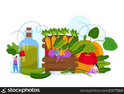 Harvesting flat background with composition of oil and vegetable images wooden box and small human characters vector illustration. Harvesting People Flat Background