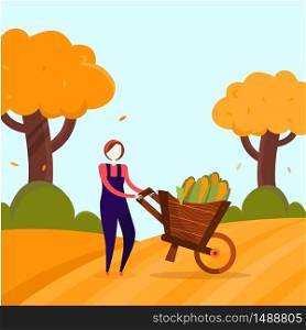 Harvesting girl vector illustration. Farming concept with corn with nature background with trees.. Harvesting girl vector illustration. Farming concept with corn with nature background with trees