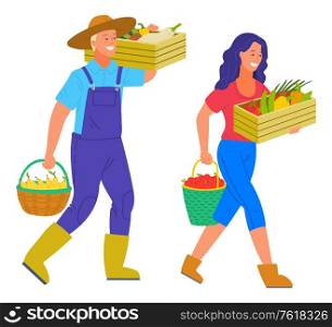 Harvesting man and woman carrying products in basket vector. Isolated person wearing hat holding bucket with pear, tomato and pepper, veggies in containers. Farmers Carrying Basket Full of Fresh Vegetables