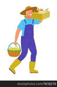 Harvesting man smiling and carrying products in basket vector. Isolated person wearing hat holding bucket with pear, tomato and pepper, veggies in containers. Farmer Carrying Basket Full of Fresh Vegetables